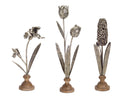 Metal Floral Stem Sculpture with Wood Style Base (Set of 3)