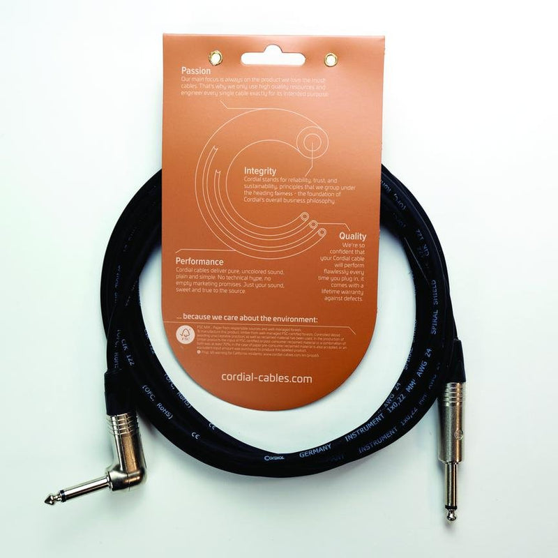 Cordial 10' Instrument Cable 1/4" TS to 1/4" Right Angle TS - Nickel - CXI3PR