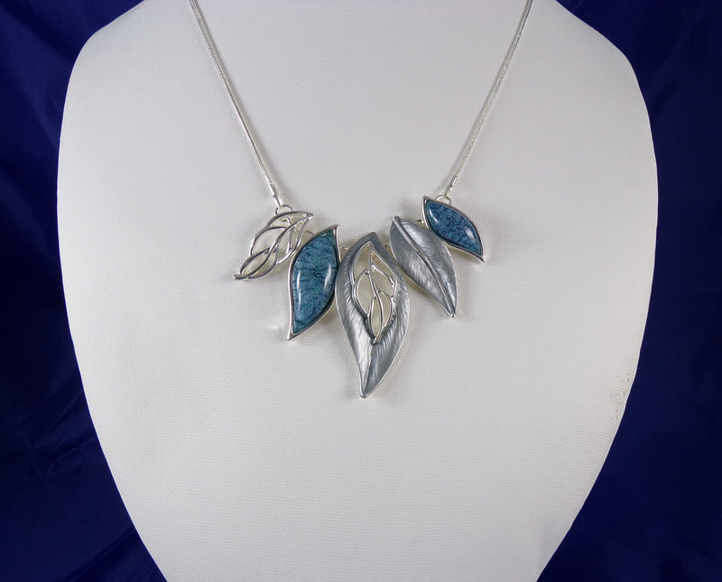 Fashion Necklace w/ Blue & Silver Color Leaf Pendant Design Statement Cocktail Wedding 18"