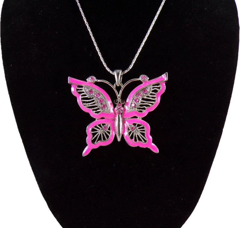 Butterfly Pendant Necklace - Pink Enamel w/ Rhinestone Crystals - 16" Fashion