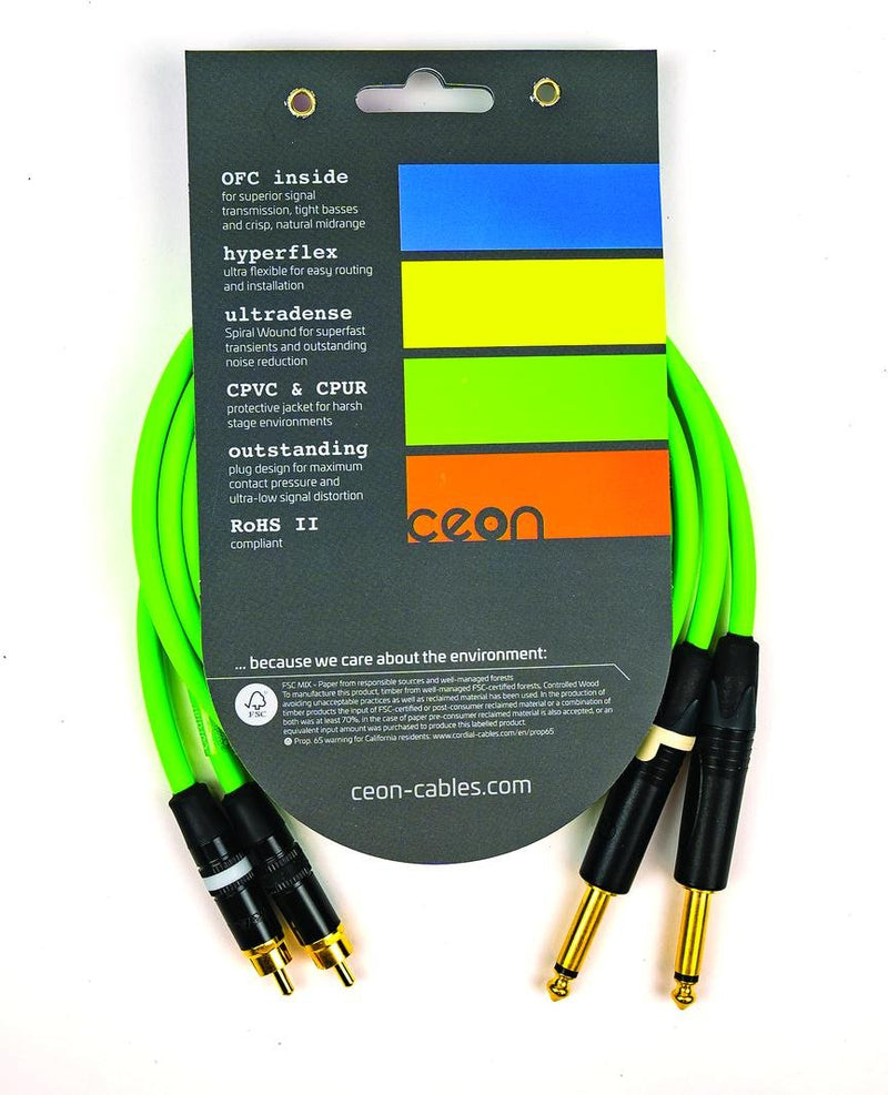 Cordial 5' Hi-Flex DJ Dual - RCA to 1/4″ TS - Neon Green - CEONDJPLUG-RCA1.5G