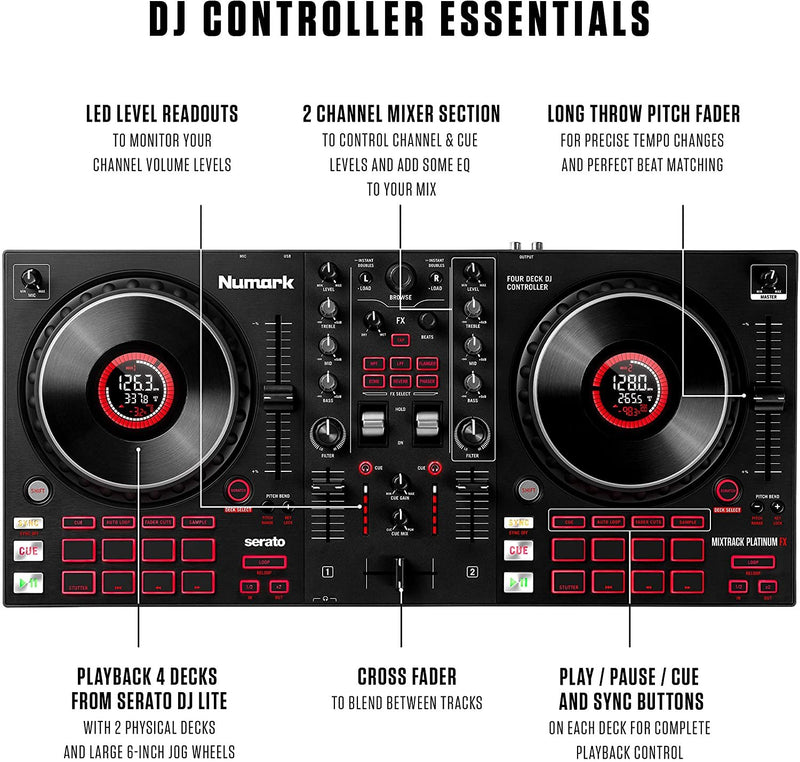 Numark Mixtrack Platinum FX - DJ Controller For Serato DJ with 4 Deck Control