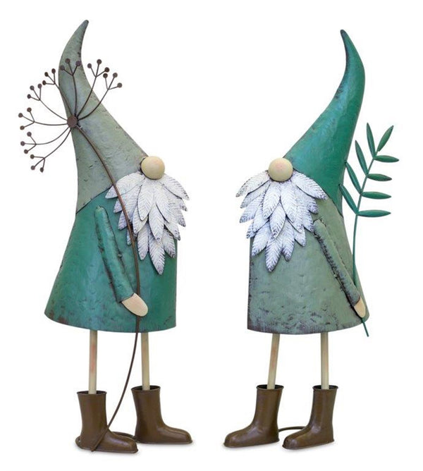 Iron Metal Standing Garden Gnome with Flower (Set of 2)