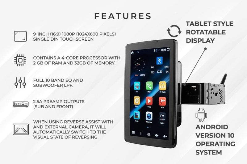 DS18 9" Swivel 1-Din Mechless Touchscreen w/ Bluetooth & Android 10 - DDX9AD