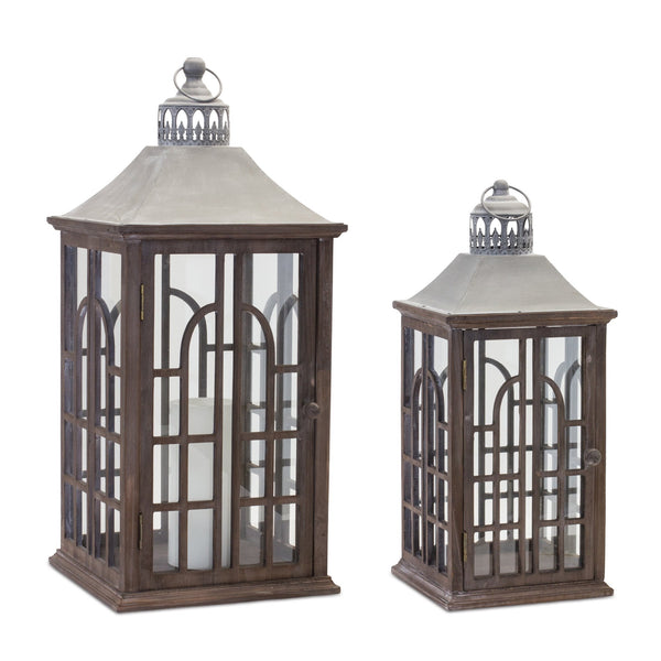 Wood Lantern with Metal Lid (Set of 2)