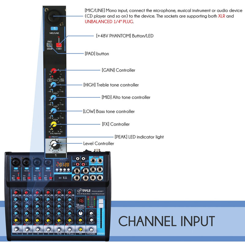 Pyle Pro Audio 8 Channels DJ Sound Mixer w/ Bluetooth - PMXU83BT