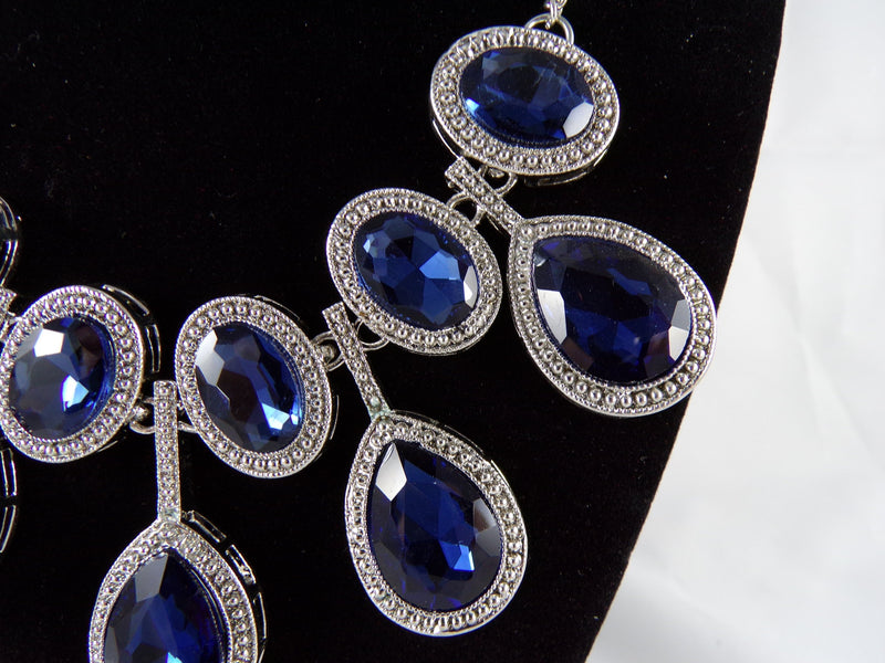 Statement Necklace Bib w/ Dark Blue Crystals & Rhinestones - Cocktail Wedding - 19" Elegant