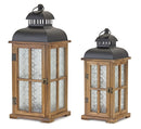 Natural Wood Lantern with Ornate Frosted Glass (Set of 2)