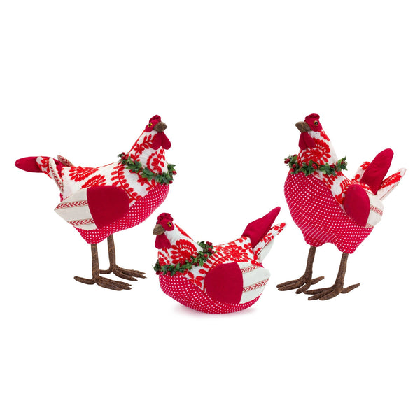 Plush Three French Hens with Ornamental Design (Set of 3)