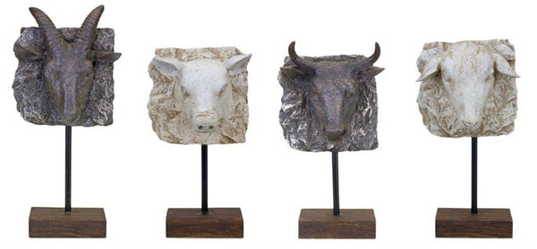 Animal Sculpture - Set of 4 - Rustic Decor w/ Goat Bull Sheep Pig Resin 12"H