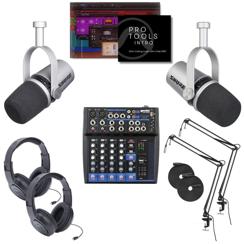 Ultimate Dual Podcast Bundle: Shure Mics, Pro Tools Intro & 8-CH Mixer - PROPOD4