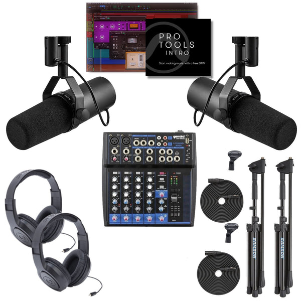 Deluxe Dual Podcast Bundle: Shure Mics, Pro Tools Intro & 8-CH Mixer - PROPOD5