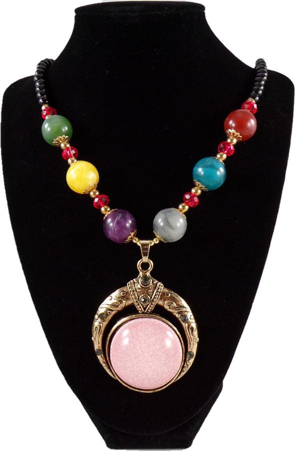 Boho Beaded Fashion Necklace w/ Pink Medallion and Multi-color Beads - 28" - Statement