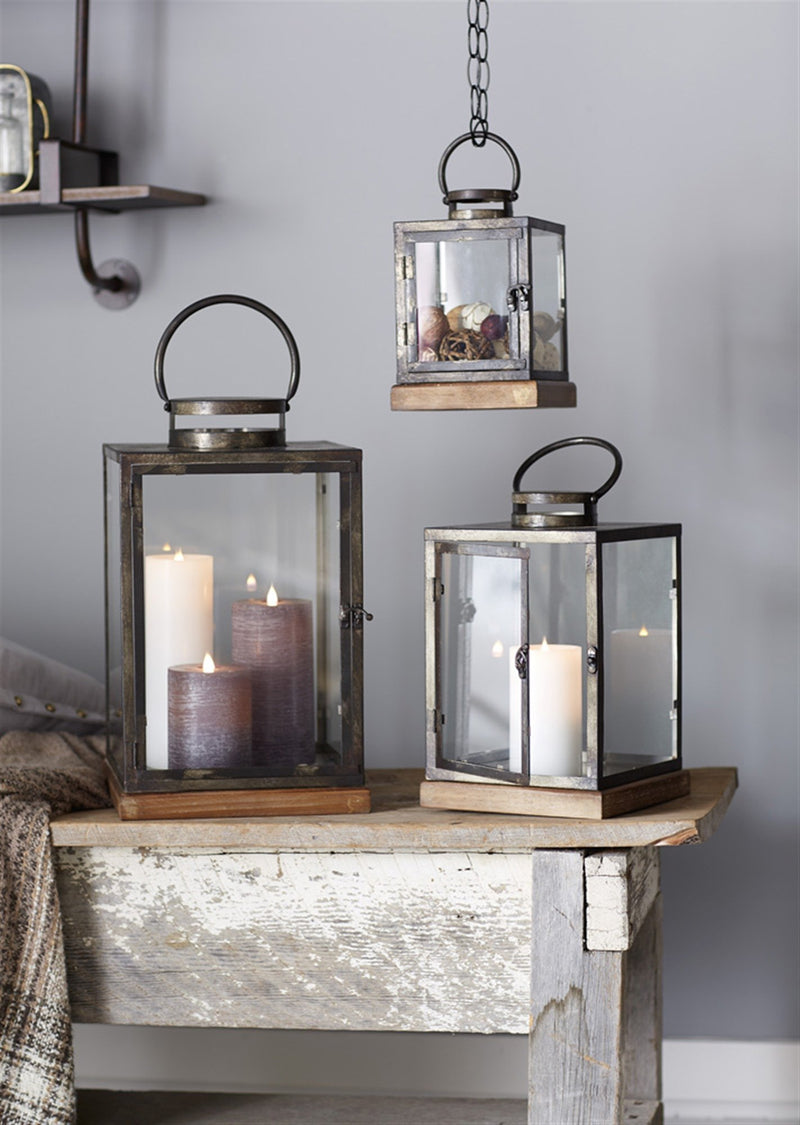 Metal Box Lantern with Wood Base (Set of 3)