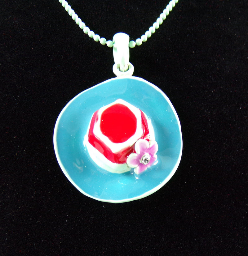 Hat Pendant Necklace - Surf Blue & Red - Hand Painted  - 28" Long Chain