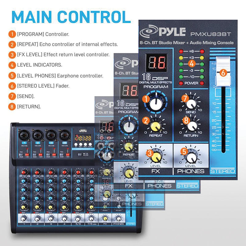 Pyle Pro Audio 8 Channels DJ Sound Mixer w/ Bluetooth - PMXU83BT