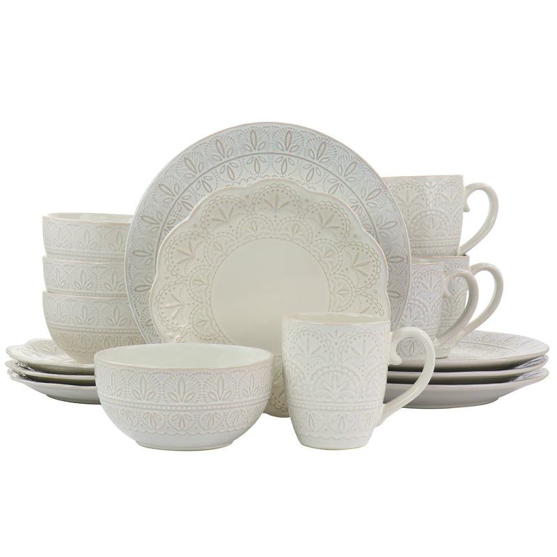 Elama White Lace 16 Piece Luxurious Stoneware Dinnerware w/ Setting for 4