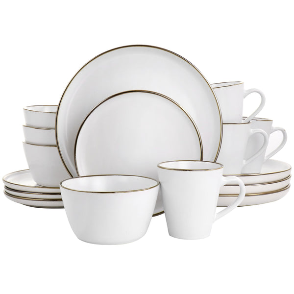 Elama Arthur 16 Piece Stoneware Dinnerware Set in Matte White w/ Gold Rim