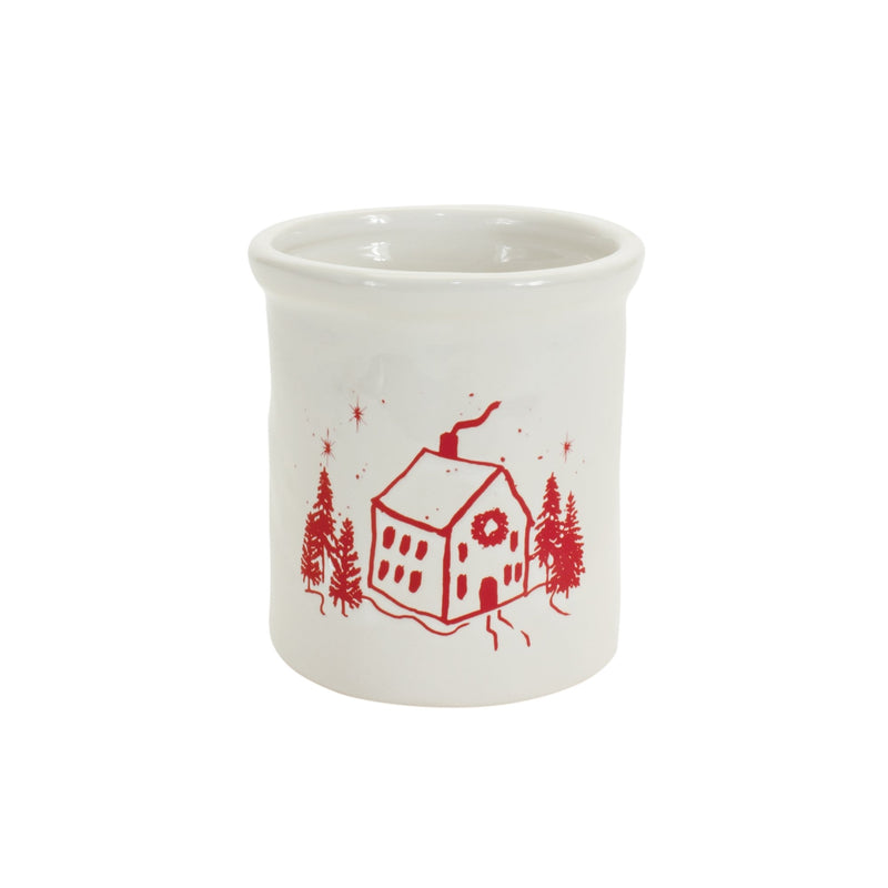 Ceramic Crock with Snowy House Scene (Set of 4)