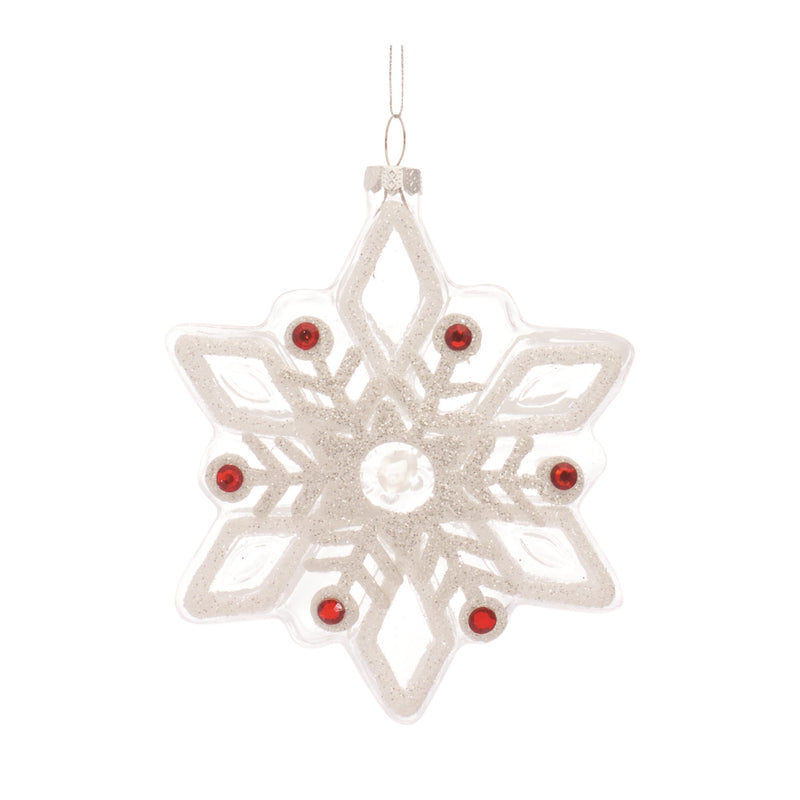 White Glass Snowflake Ornament with Red Bead Accent (Set of 12)