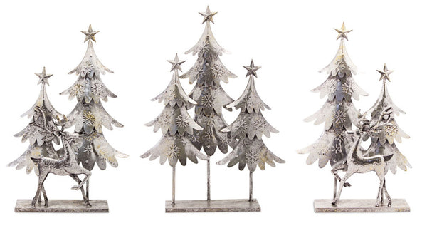 Silver Hammered Metal Deer with Trees Display (Set of 3)