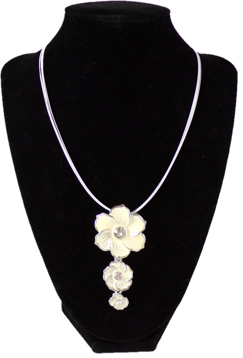 Pendant Necklace White Enamel Flowers w/ Rhinestone Centers - Cocktail Statement