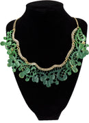 Statement Necklace Bib Green w/ Clear Rhinestones - 18" Chain Length