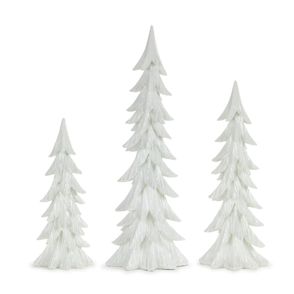 Carved Stone Holiday Tree Décor with Glistening White Finish (Set of 3)